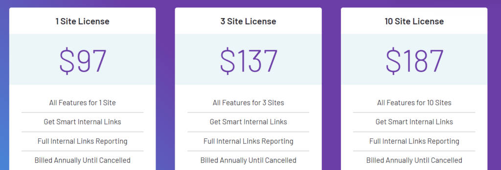 LinkWhisper Pricing Table for 1 site 3 sites and 10 sites